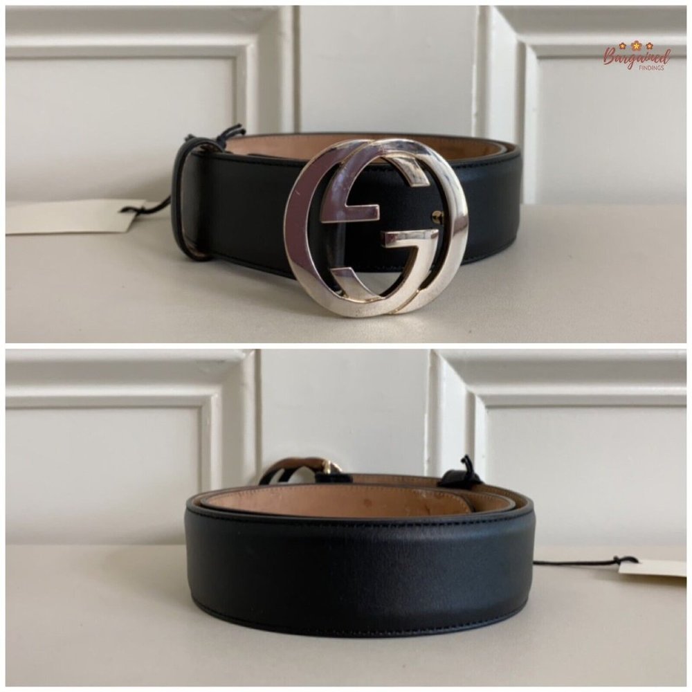 Authentic Gucci Black Calfskin Leather Silver Interlocking G Buckle Belt 75/30 - Picture 3 of 13